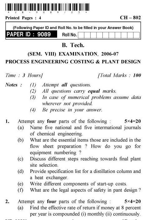 UPTU B.Tech Question Papers - CH-802 - Process Engineering Costing & Plant Design
