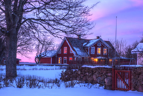 winter sunset house snow tree sweden villa mansion hdr öland