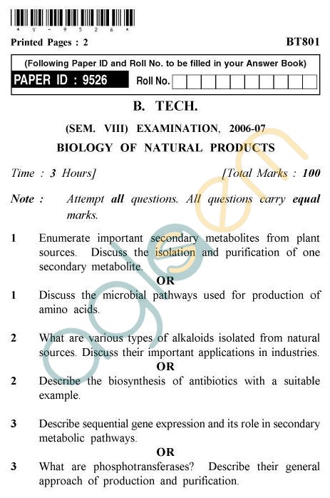UPTU B.Tech Question Papers - BT-801 - Biology of Natural Products