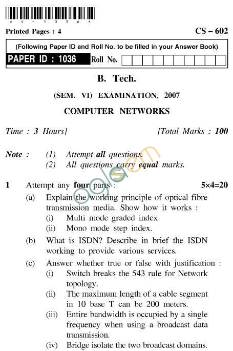 UPTU B.Tech Question Papers - CS-602-Computer Networks
