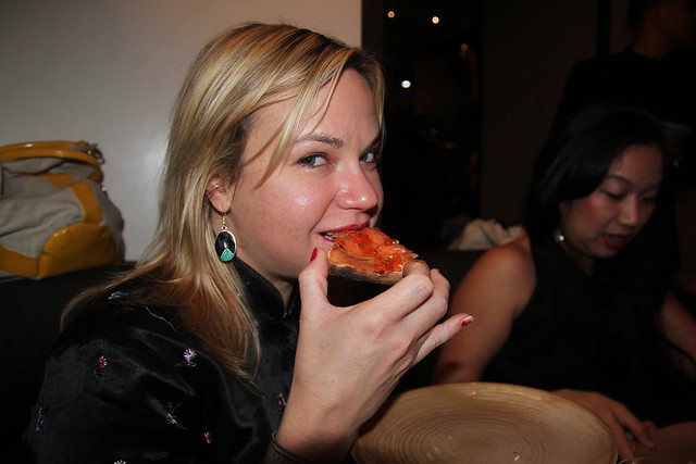Jessica enjoying the salmon pizza at Spago by Caroline on Crack