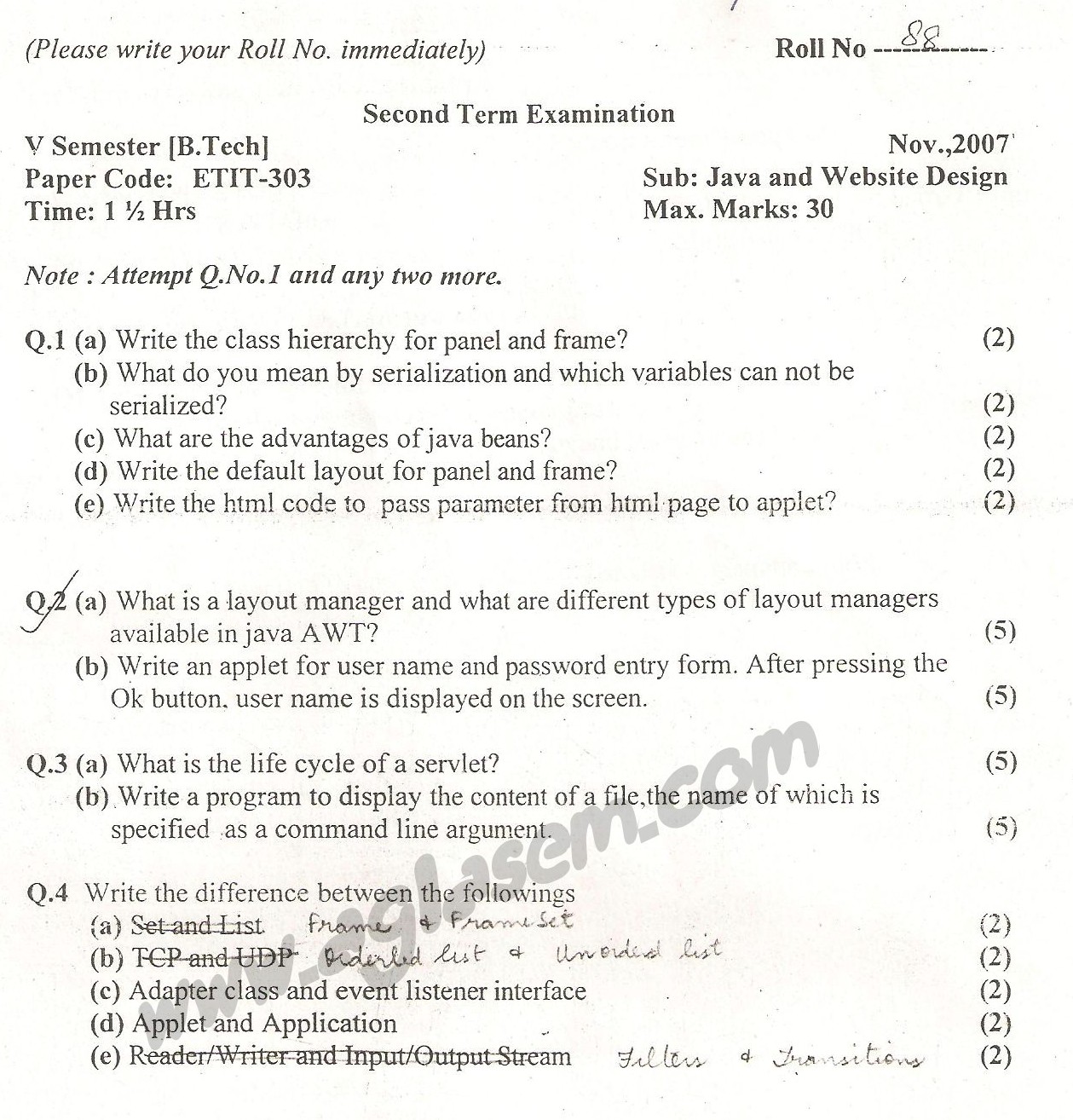 GGSIPU Question Papers Fifth Semester  Second Term 2007  ETIT-303