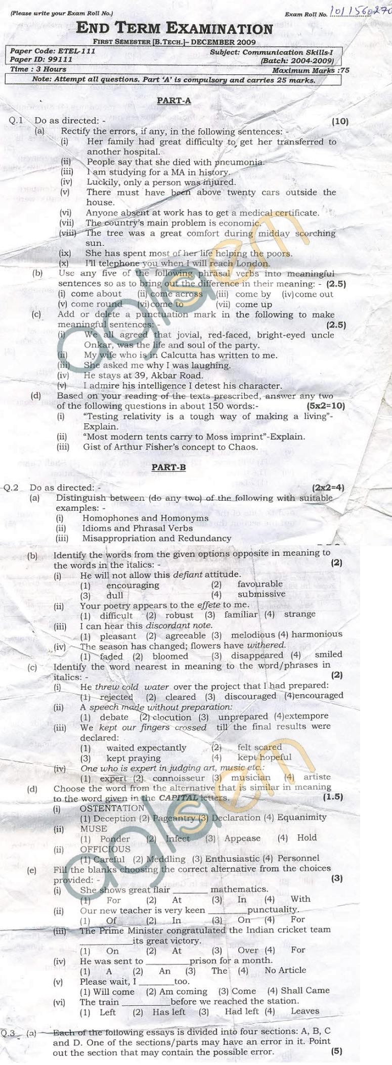 GGSIPU: Question Papers First Semester  end Term 2009  ETEL-111