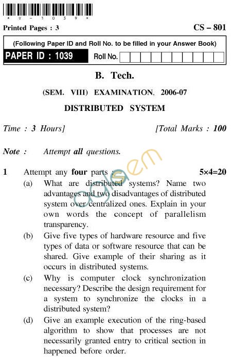 UPTU B.Tech Question Papers - CS-801-Distributed System