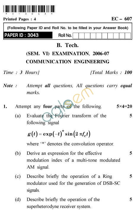 UPTU B.Tech Question Papers - EC-607-Communication Engineering
