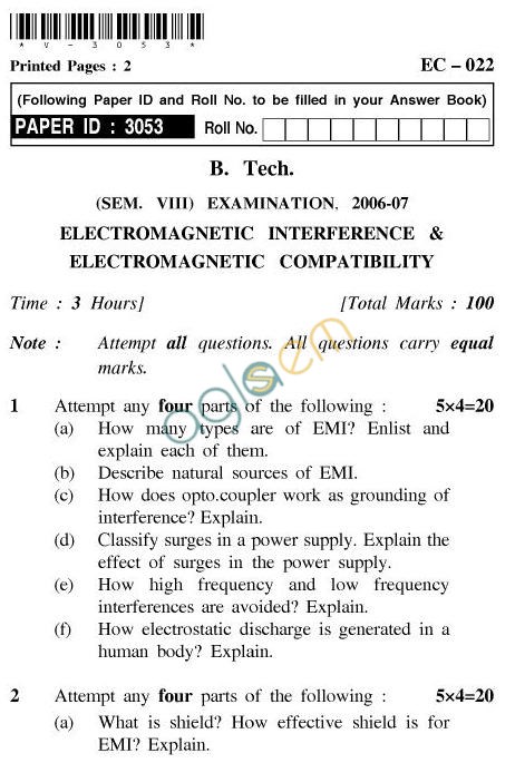 UPTU B.Tech Question Papers - EC-022-Electromagnetic Interference & Electromagnetic Compatibility