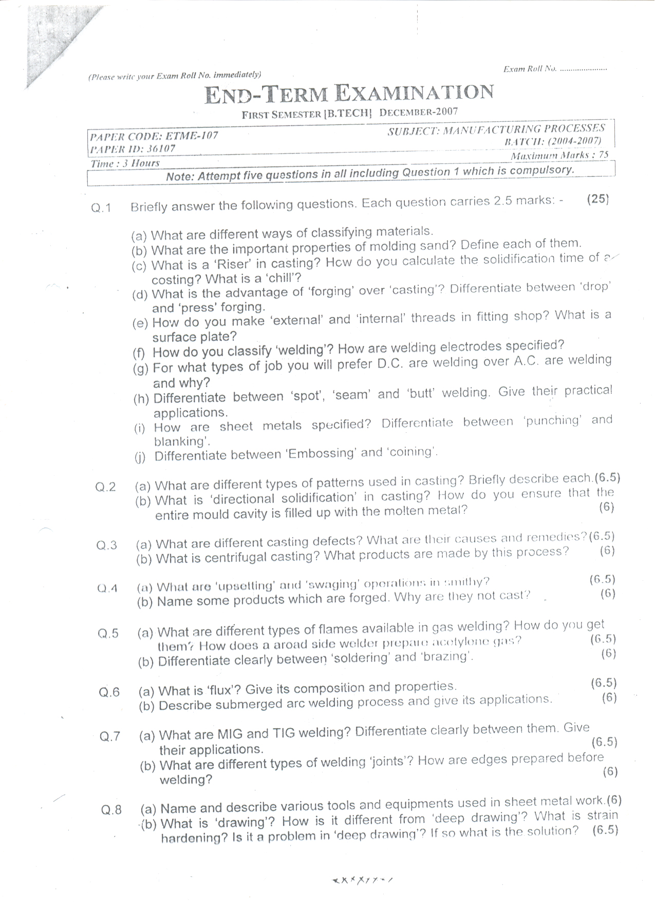 GGSIPU: Question Papers First Semester – end Term 2007 – ETME-107