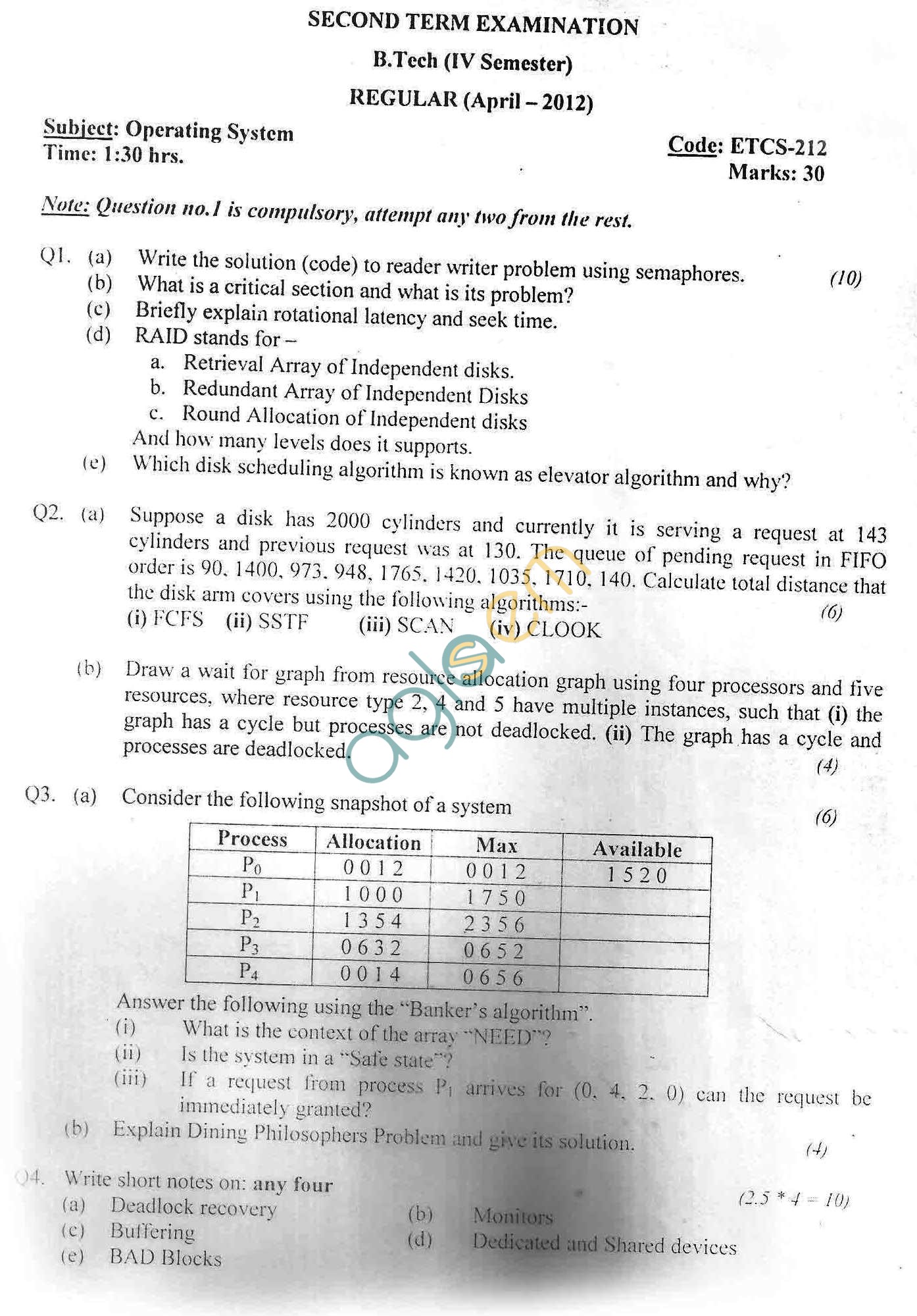 GGSIPU Question Papers Fourth Semester  Second Term 2012  ETCS-212