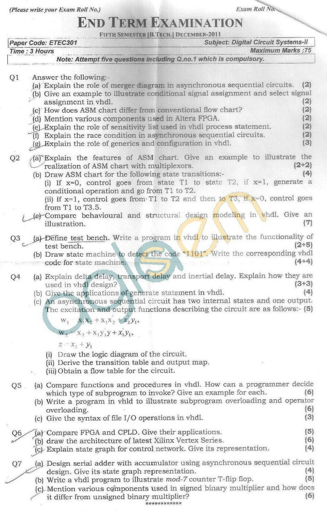 GGSIPU Question Papers Fifth Semester – end Term 2011 – ETEC-301