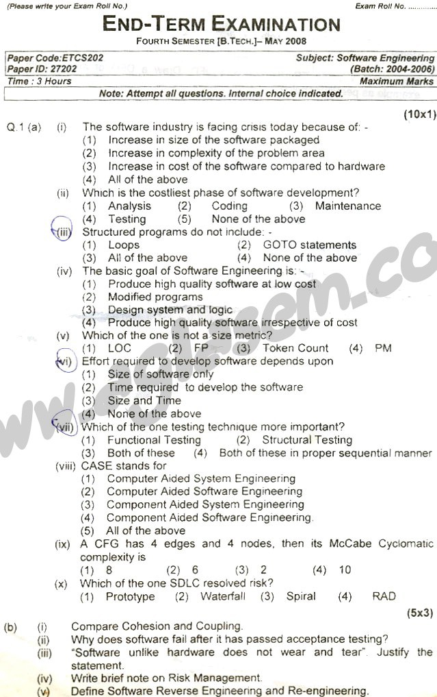 GGSIPU Question Papers Fourth Semester – end Term 2008 – ETCS_202
