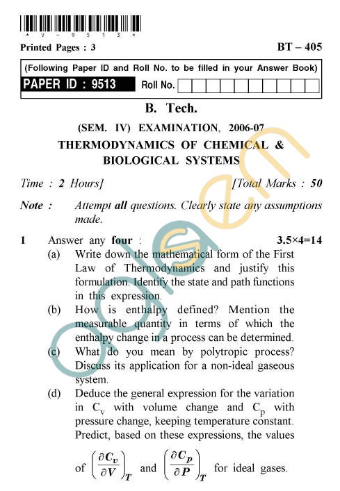 AKTU B.Tech Question Paper - BT-405 - Thermodynamics Of Chemical & Biological Systems