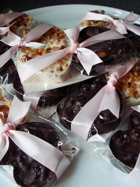 Chocolate Hearts with Caramelized Rice Krispies & Dried Cherries