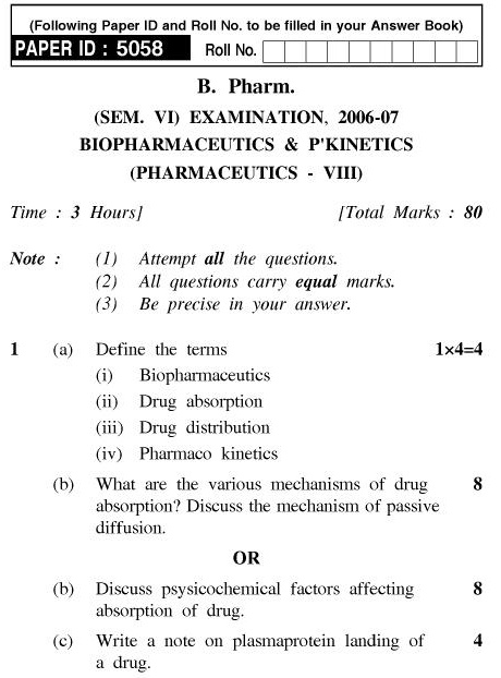 UPTU B.Pharm Question Papers PH-362 - Biopharmaceutics & PKinetics (Pharmaceutics-VIII)