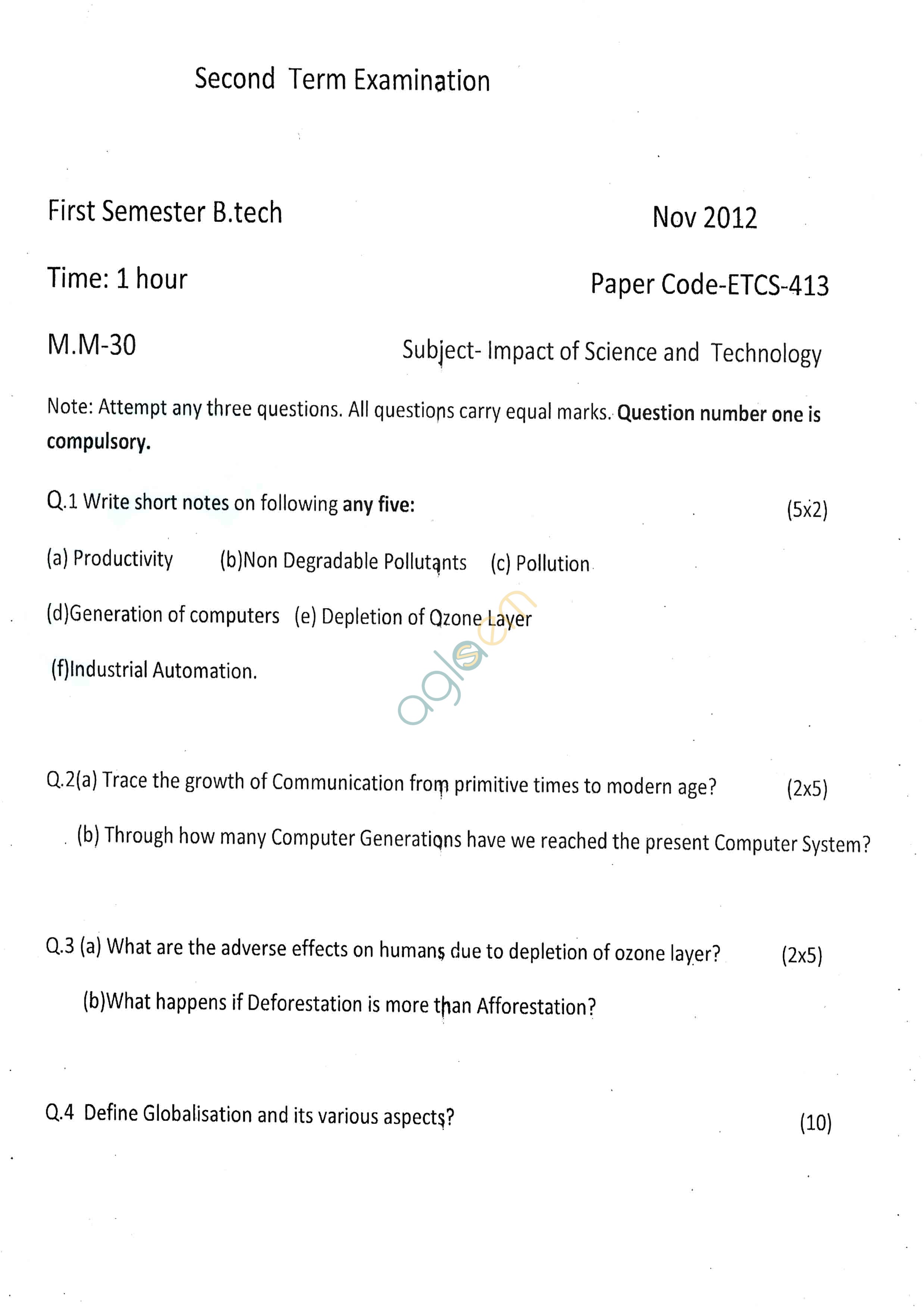 GGSIPU: Question Papers First Semester  Second Term 2012  ETCS-413