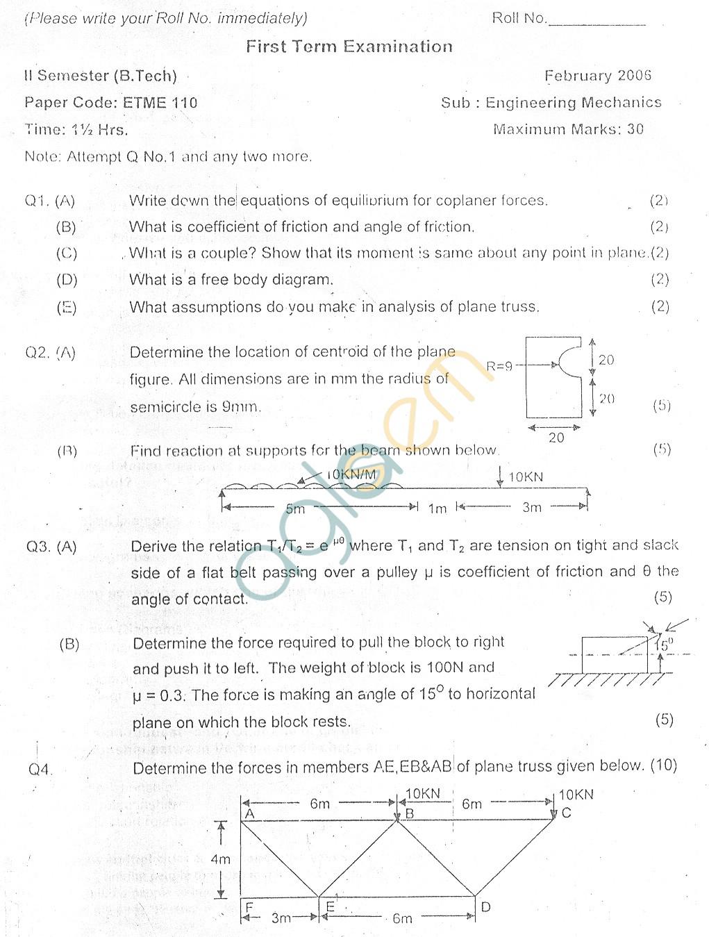 GGSIPU Question Papers Second Semester – First Term 2006 – ETME-110