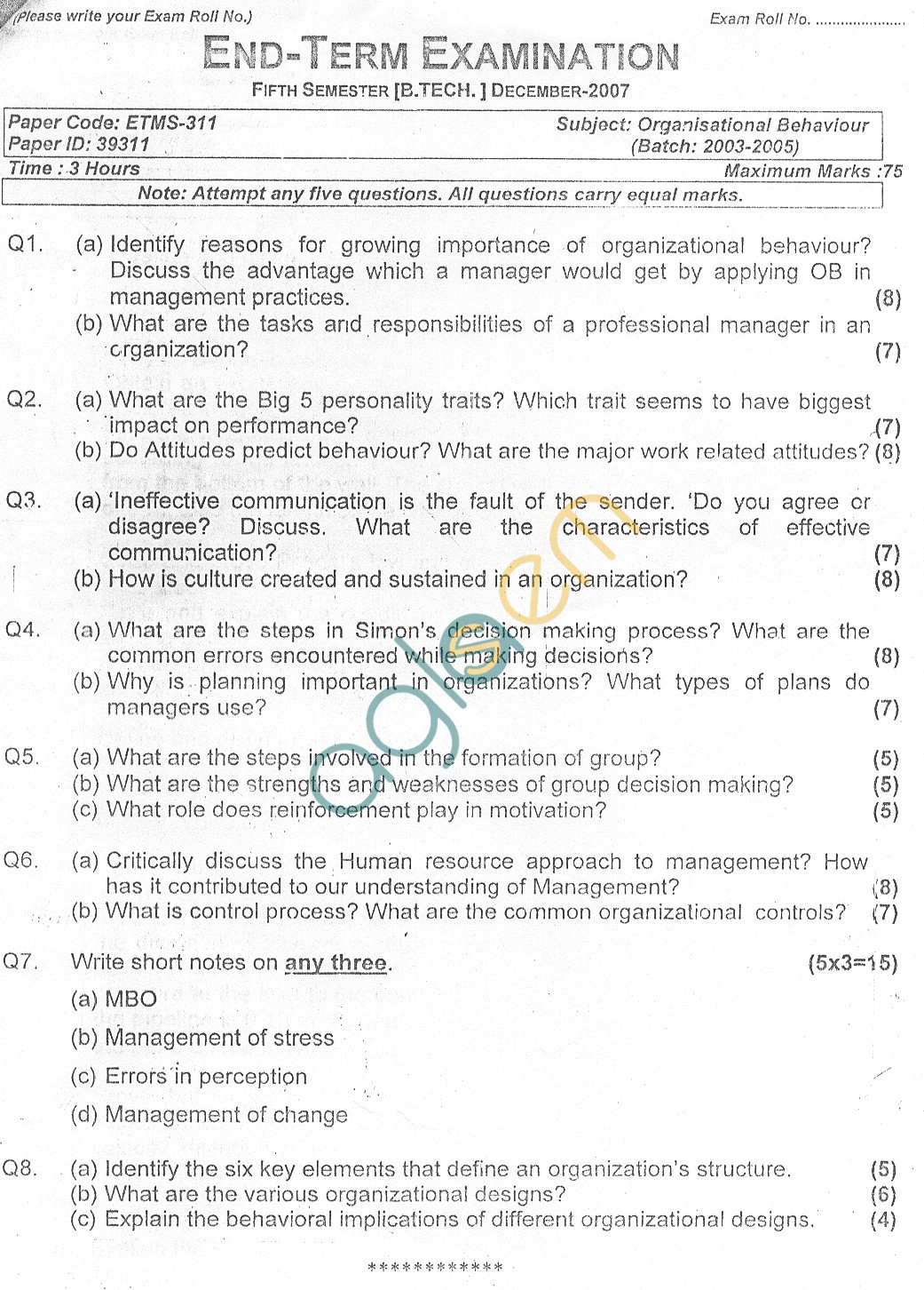 GGSIPU Question Papers Fifth Semester – end Term 2007 – ETMS-311