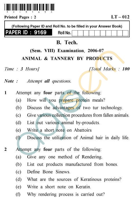 UPTU B.Tech Question Papers - LT-012 - Animal & Tannery by Products