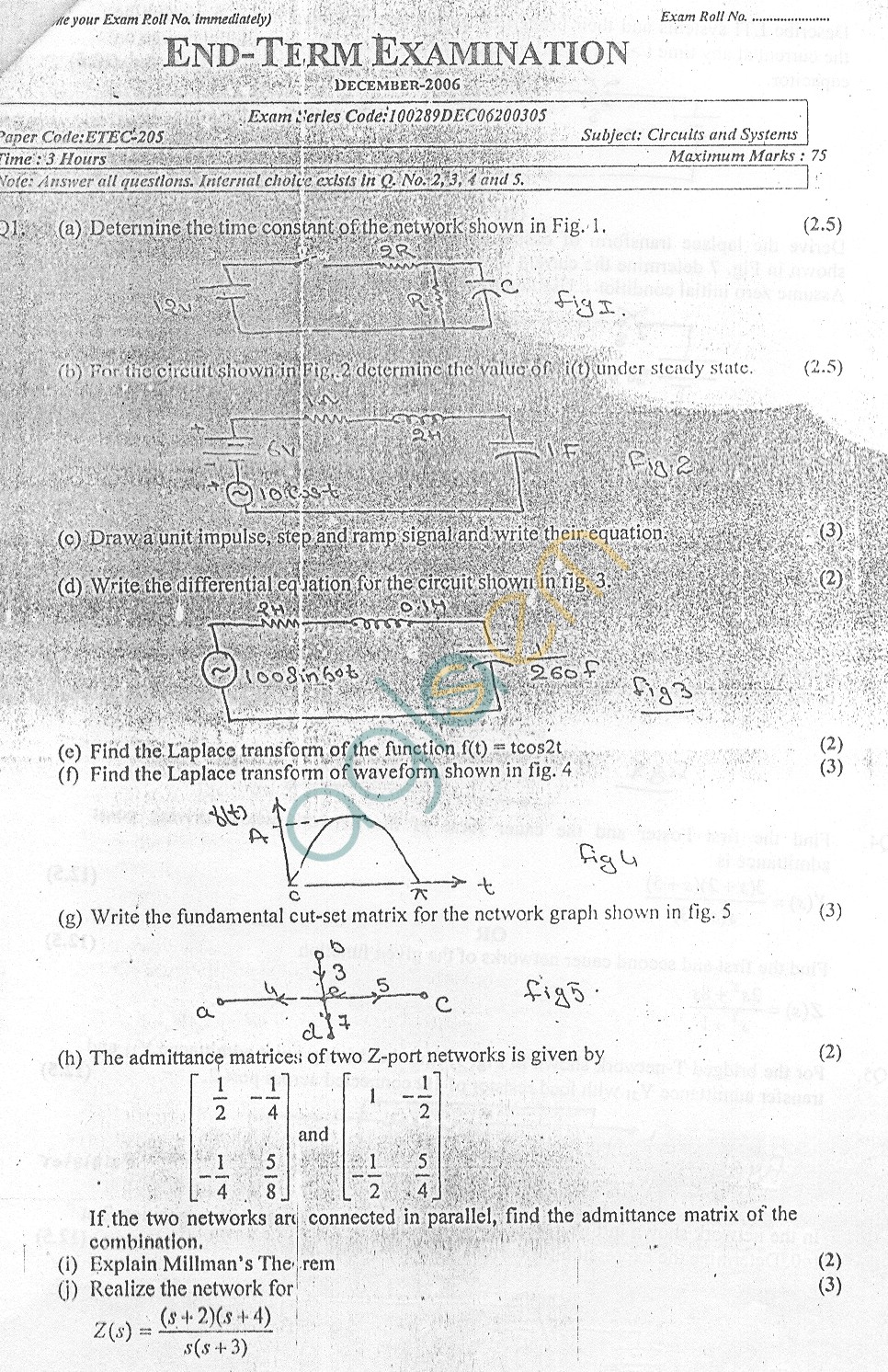 GGSIPU Question Papers Third Semester – End Term 2006 – ETEC-205