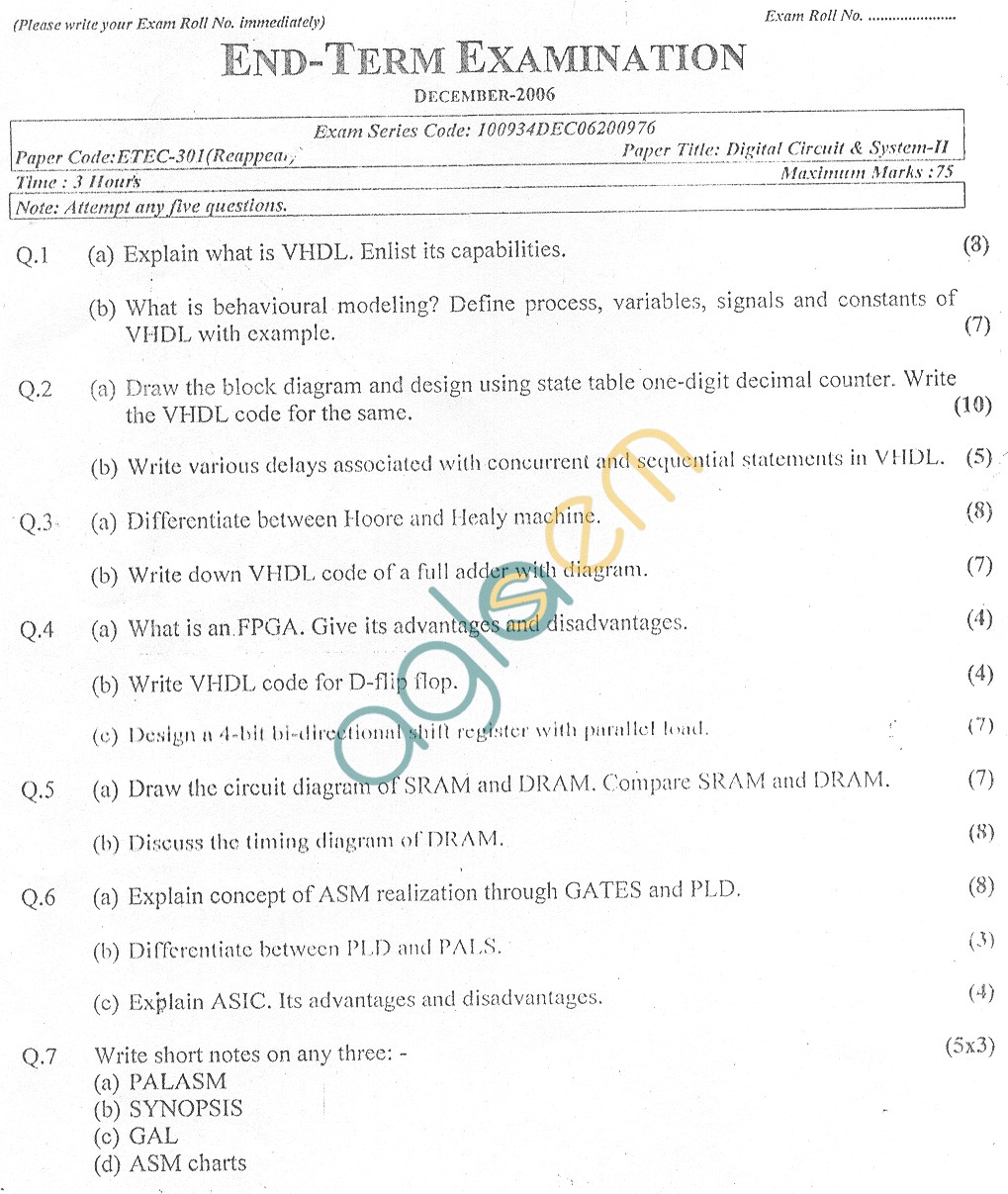 GGSIPU Question Papers Fifth Semester – end Term 2006 – ETEC-301