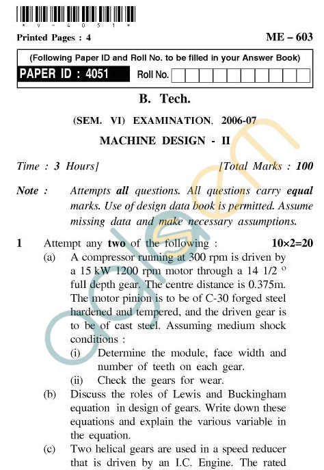 UPTU: B.Tech Question Papers - ME-603 - Machine Design-II