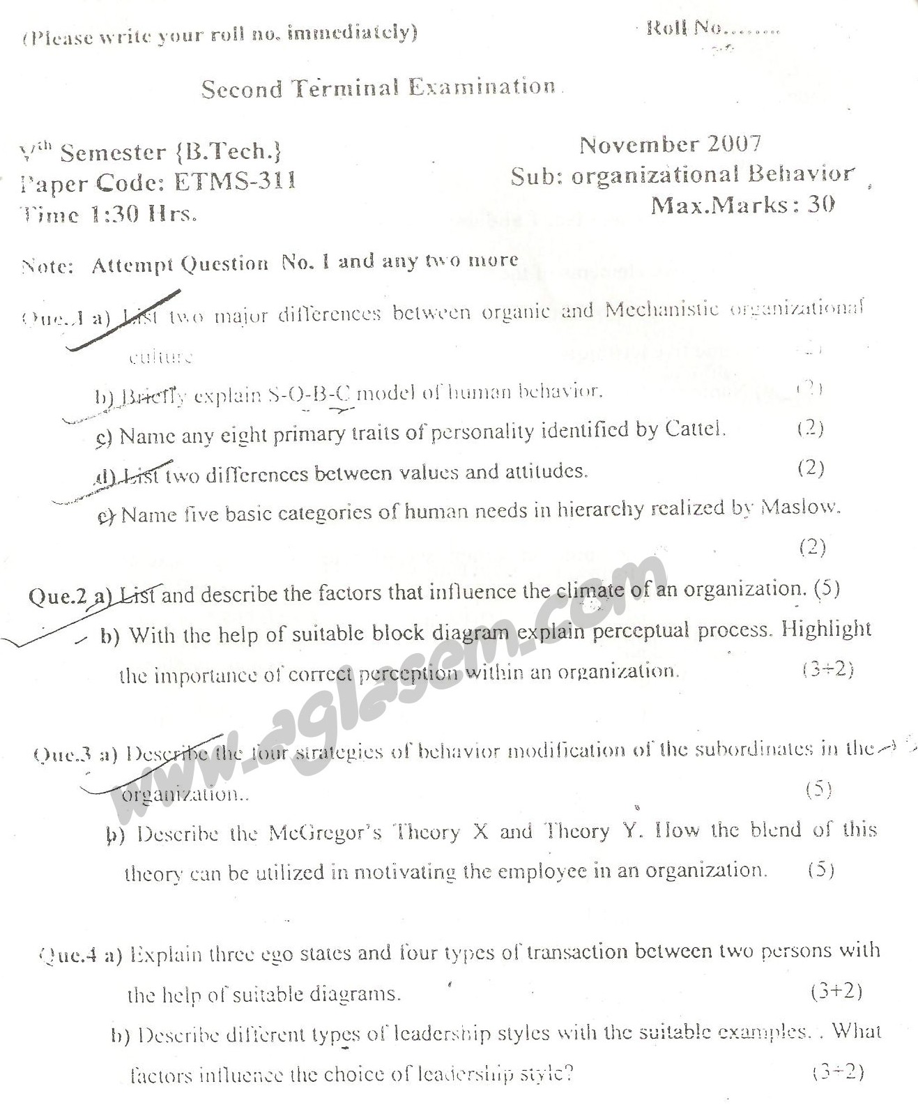 GGSIPU Question Papers Fifth Semester – Second Term 2007 – ETMS-311