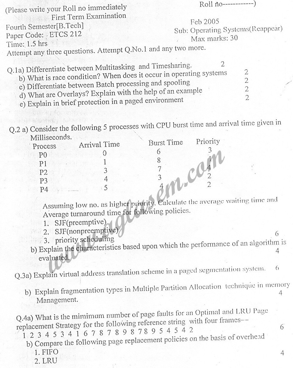 GGSIPU Question Papers Fourth Semester – First Term 2005 – ETCS-212