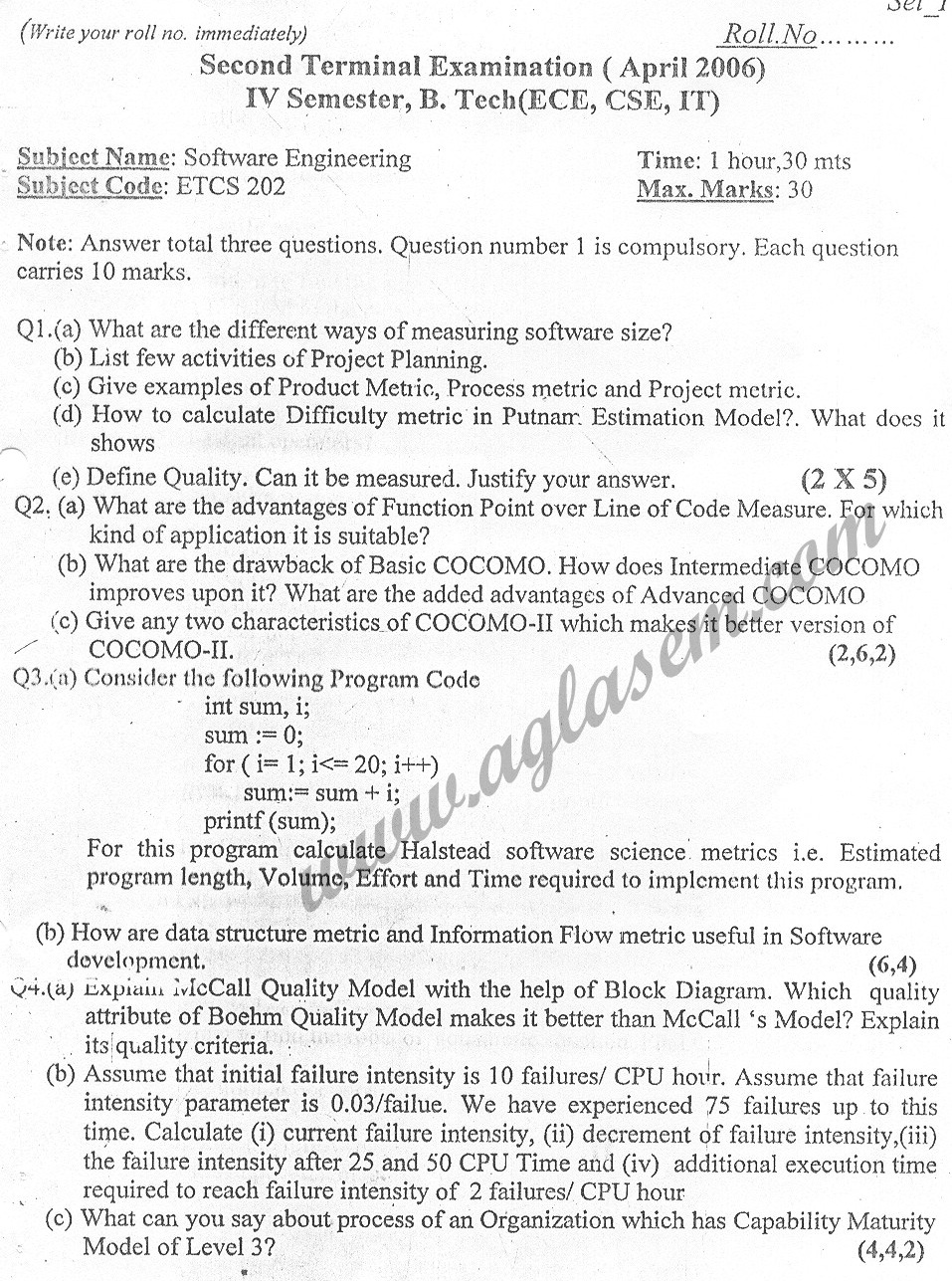 GGSIPU Question Papers Fourth Semester – Second Term 2006 – ETCS-202