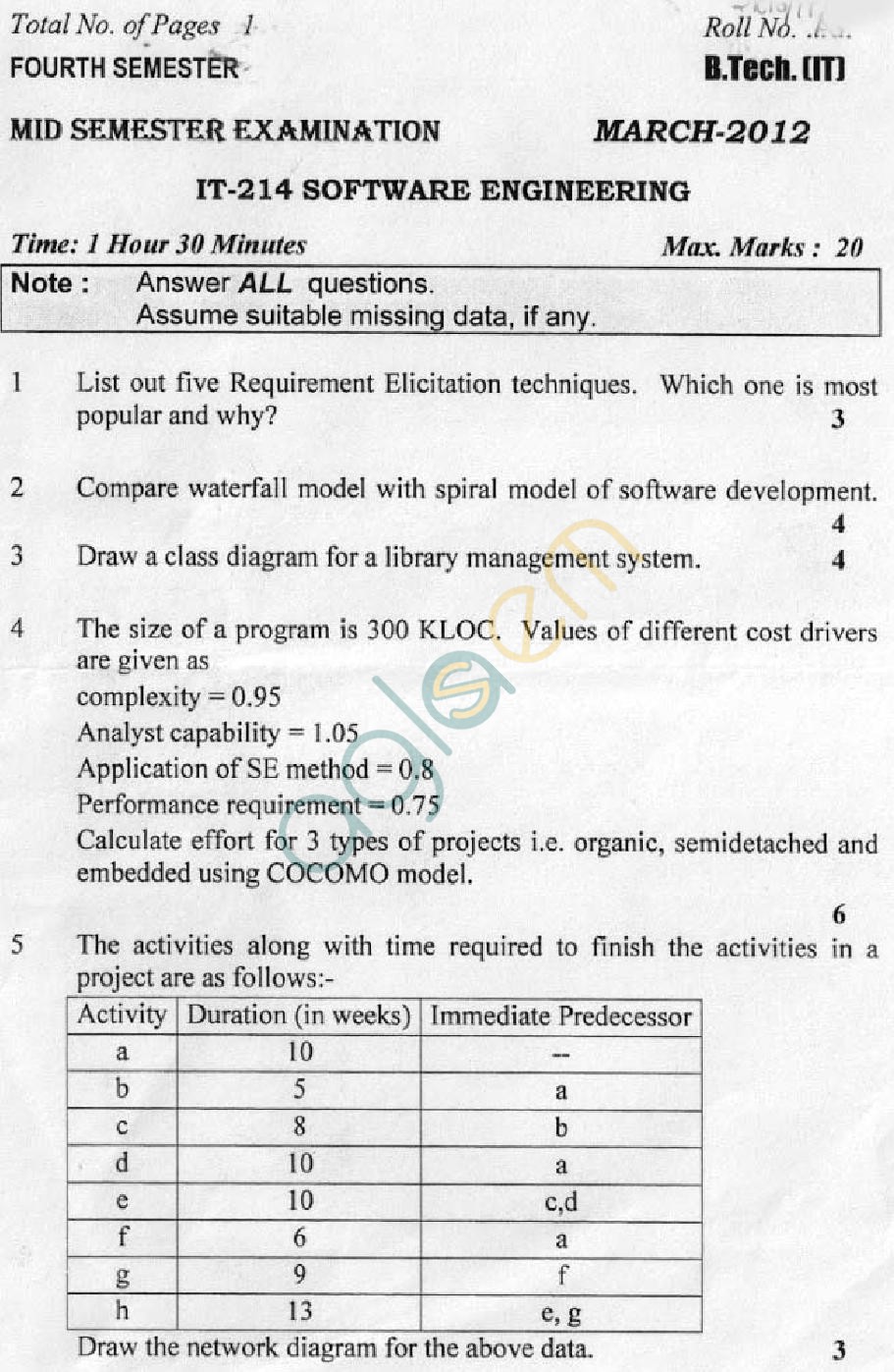 DTU: Question Papers 2012 - 4 Semester - Mid Sem - IT-214