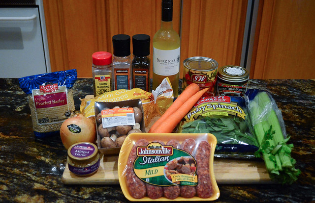 All the ingredients required to make Italian Sausage and Barley Stew.