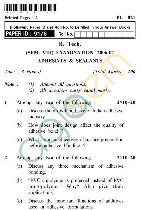 UPTU B.Tech Question Papers - PL-021 - Adhesives & Sealants