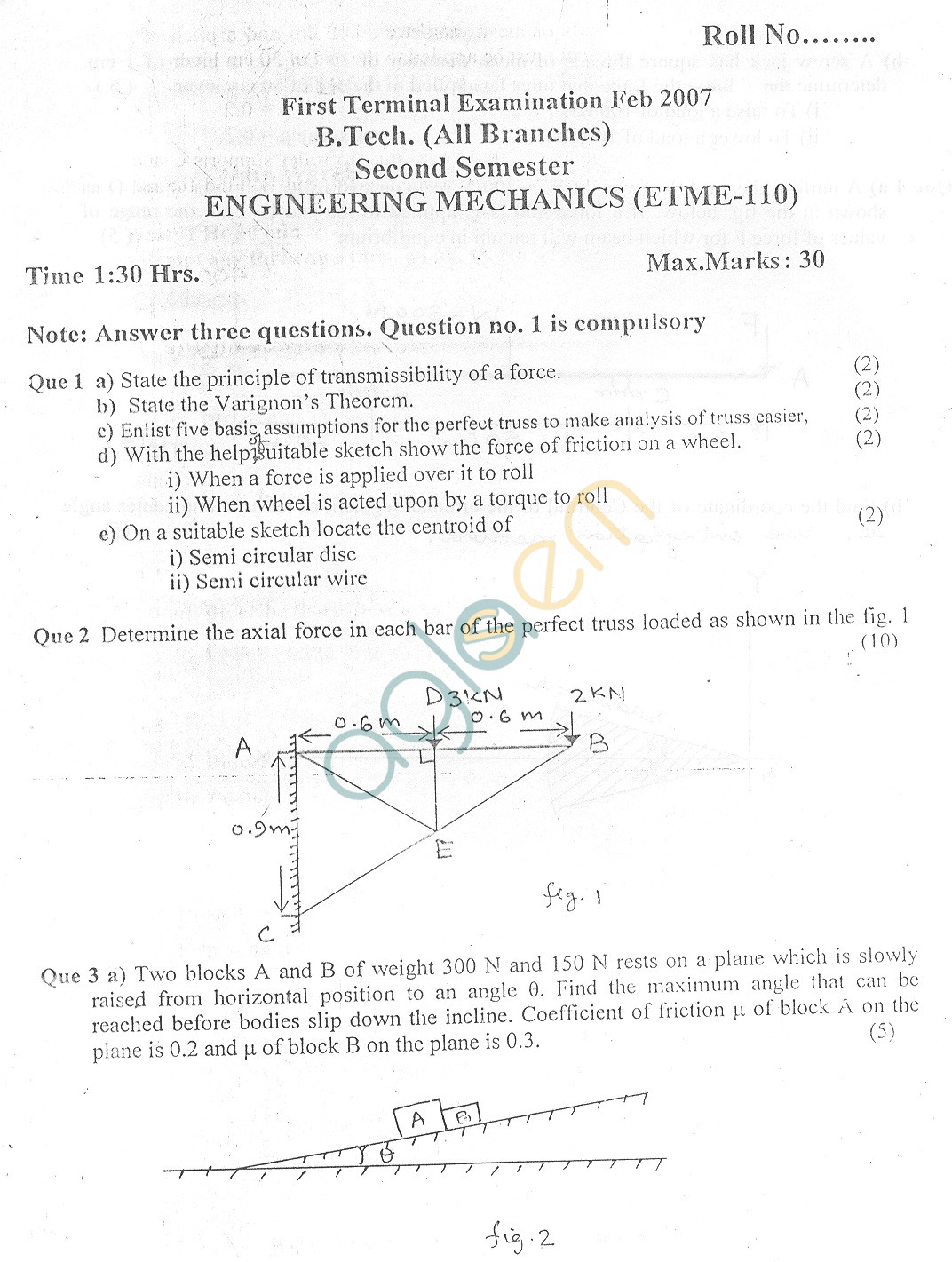 GGSIPU Question Papers Second Semester  First Term 2007  ETME-110