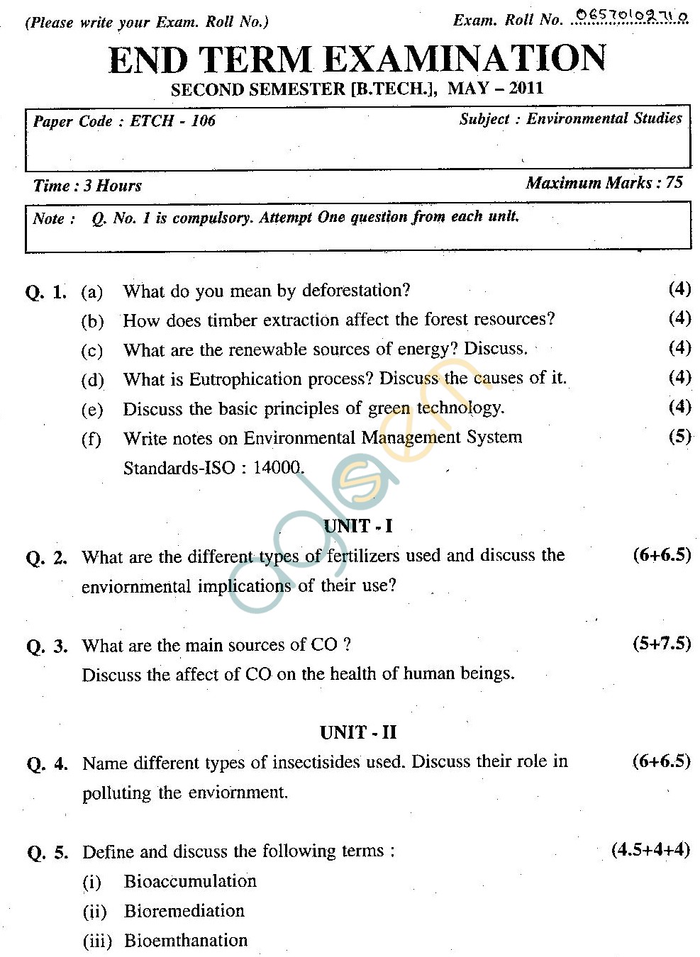 GGSIPU Question Papers Second Semester – end Term 2011 – ETCH -106
