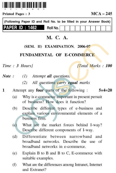 UPTU MCA Question Papers - MCA-245 - Fundamental of E-Commerce