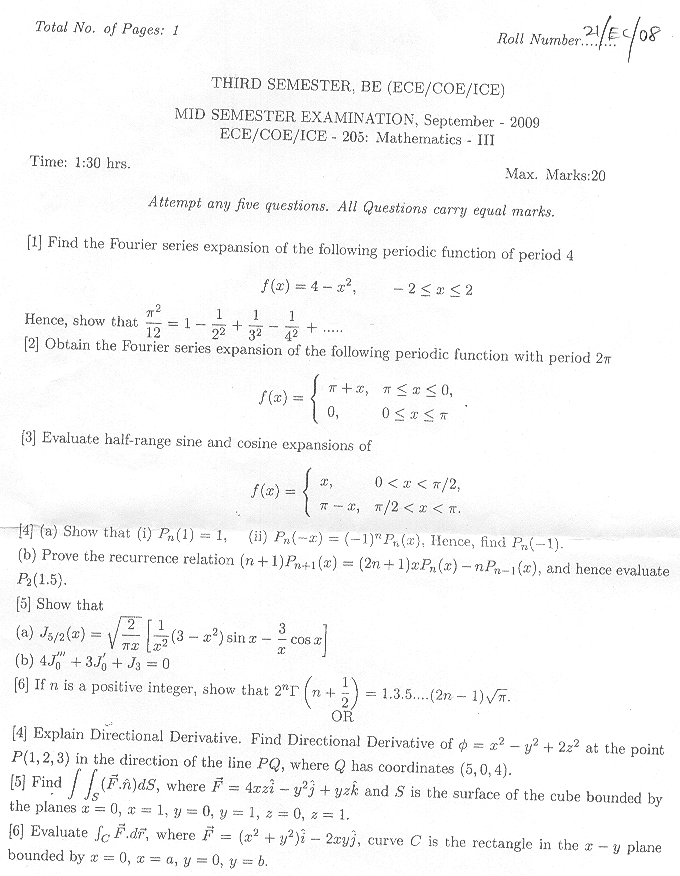 NSIT: Question Papers 2009  3 Semester - Mid Sem - ECE-COE-ICE-205