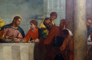 Detail of Christ and figure in red, Paolo Veronese, Feast in the House of Levi
