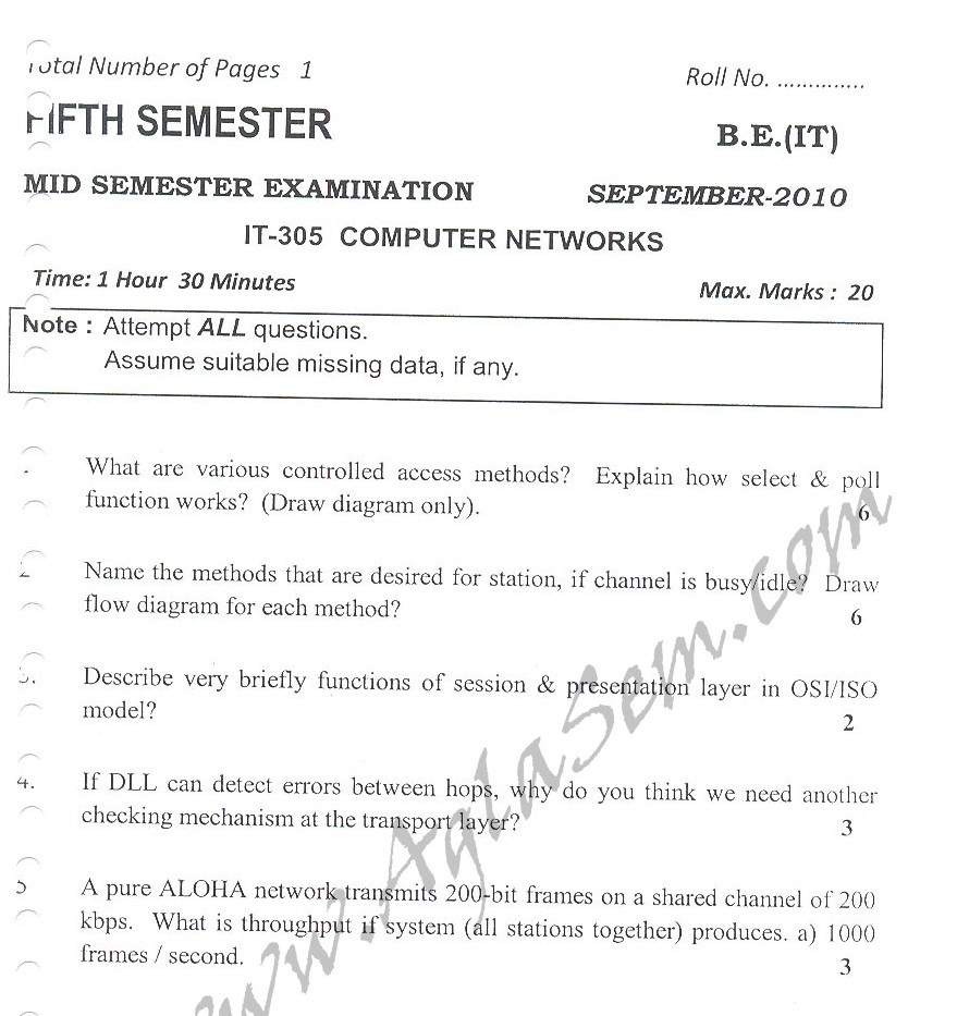 DTU Question Papers 2010 – 5 Semester - Mid Sem - IT-305