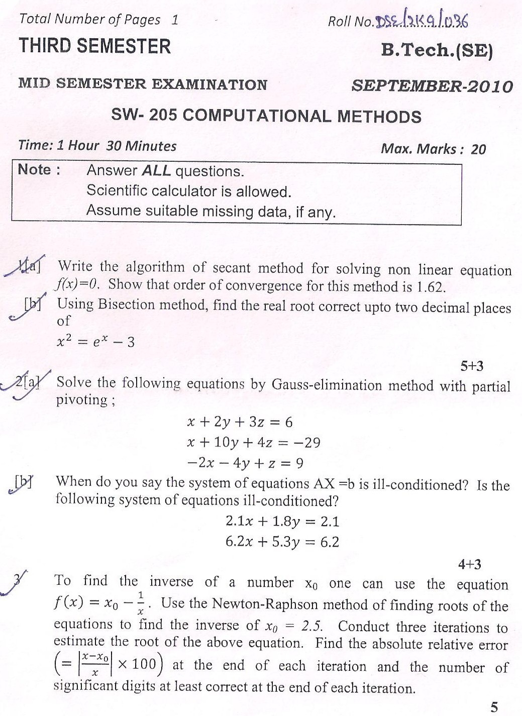 DTU Question Papers 2010  3 Semester - Mid Sem - SW-205