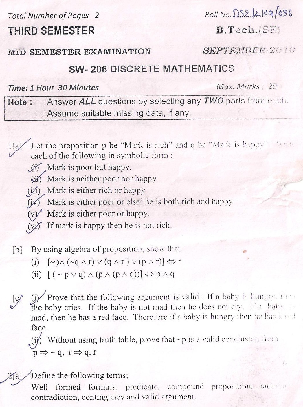 DTU Question Papers 2010 – 3 Semester - Mid Sem - SW-206