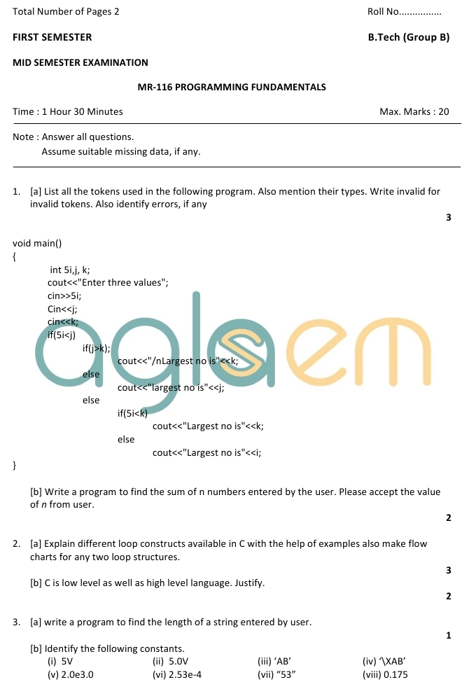 DTU Question Papers 2010 – 1 Semester - Mid Sem - MR-116