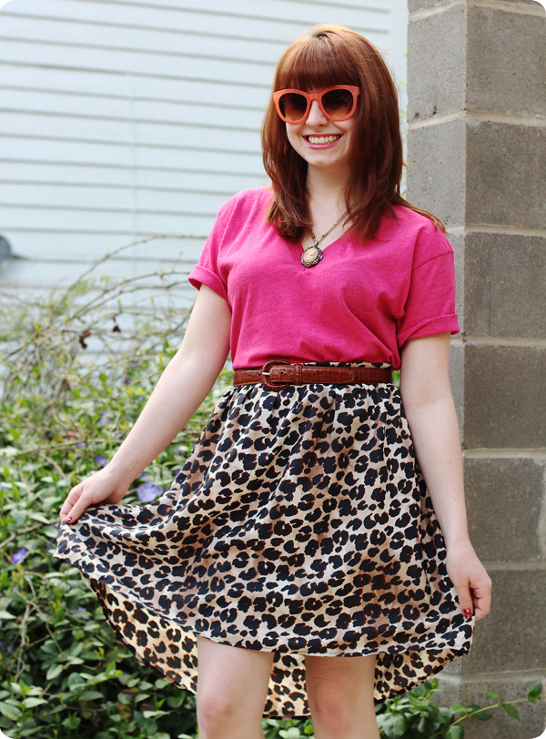 Leopard High-Low Skirt, Orange Sunglasses, & a Pink T-shirt | Petite ...