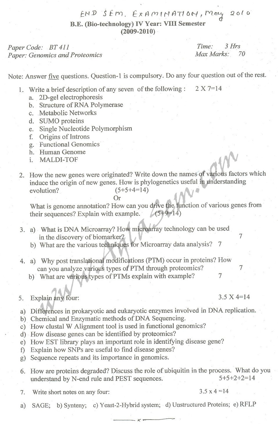 DTU Question Papers 2010  8 Semester - End Sem - BT-411