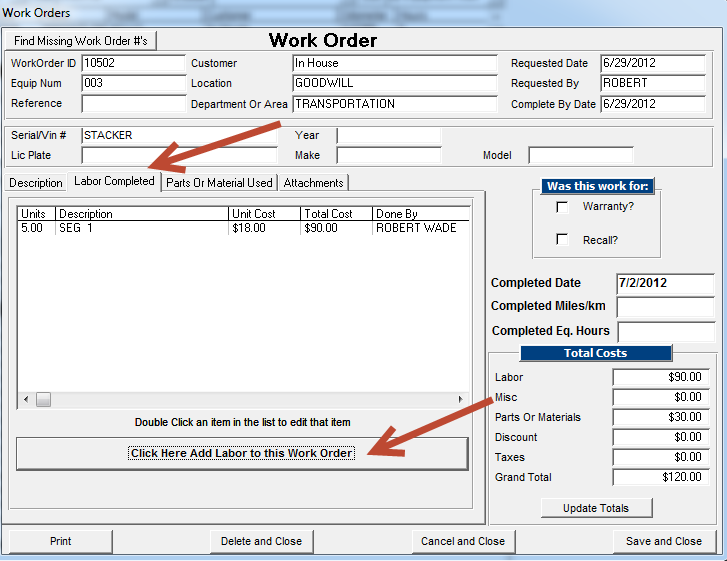 Work Order Labor Completed tab and Click here to add Labor button Work Order Labor Completed tab and Click here to add Labor button