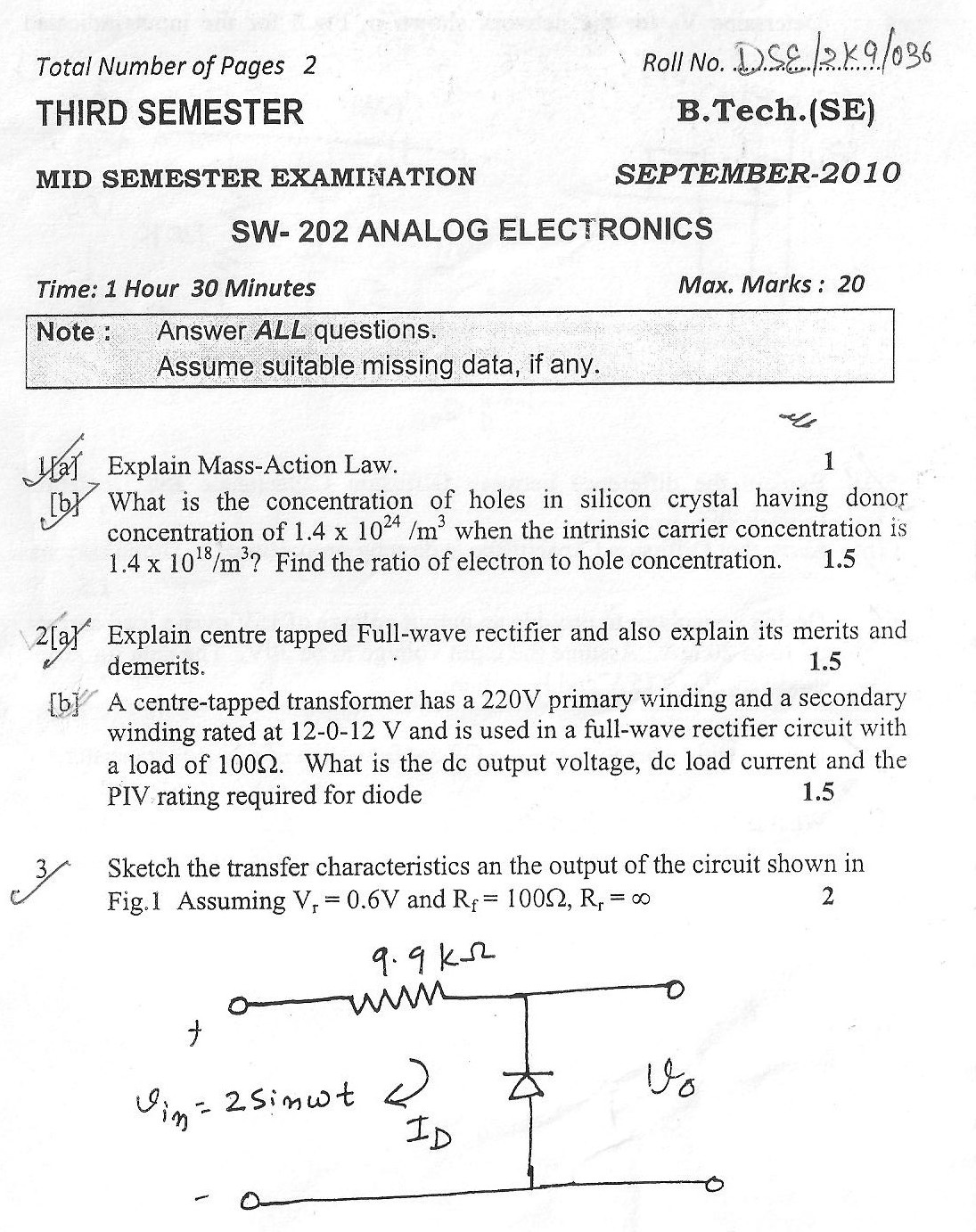 DTU Question Papers 2010 – 3 Semester - Mid Sem - SW-202