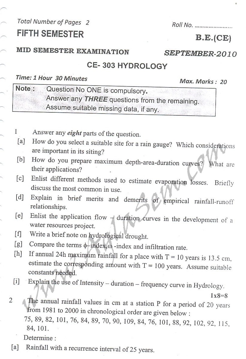 DTU Question Papers 2010  5 Semester - Mid Sem - CE-303