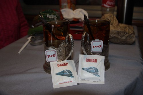 РЖД (Russian Railways) branded tea and sugar packets
