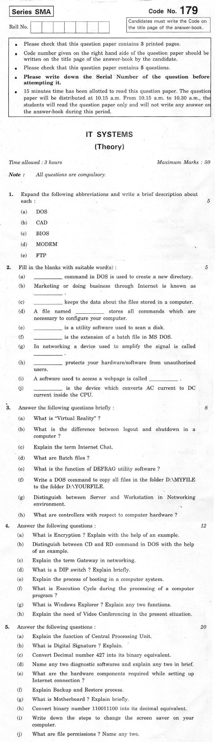 CBSE Class XII Previous Year Question Paper 2012 IT Systems