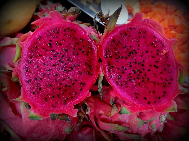 Pink dragon fruit cut open in Chiang Mai, Thailand 