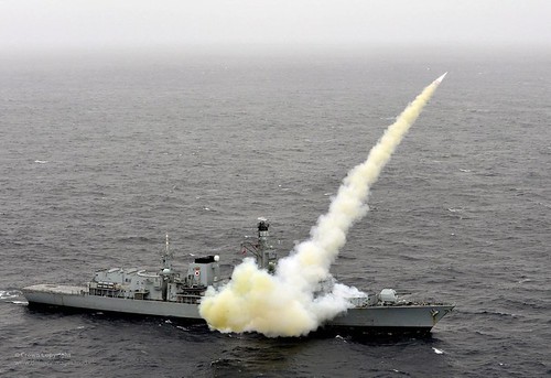 HMS Montrose Firing a Harpoon Missile