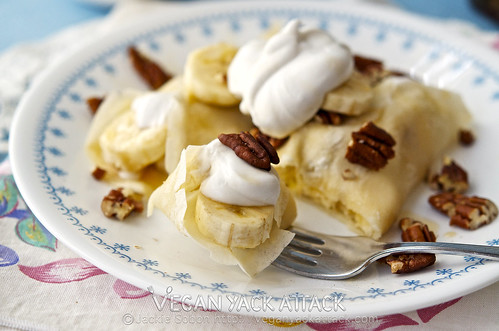 Banana Coconut Cream Crepes - Vegan crepes filled with banana slices and topped with easy-to-make Coconut whip! Perfect for brunch.