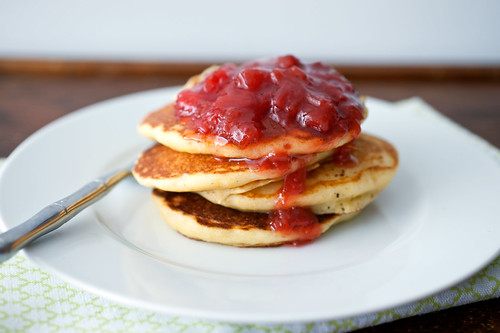 cornmeal ricotta pancakes with strawberry rhubarb compote